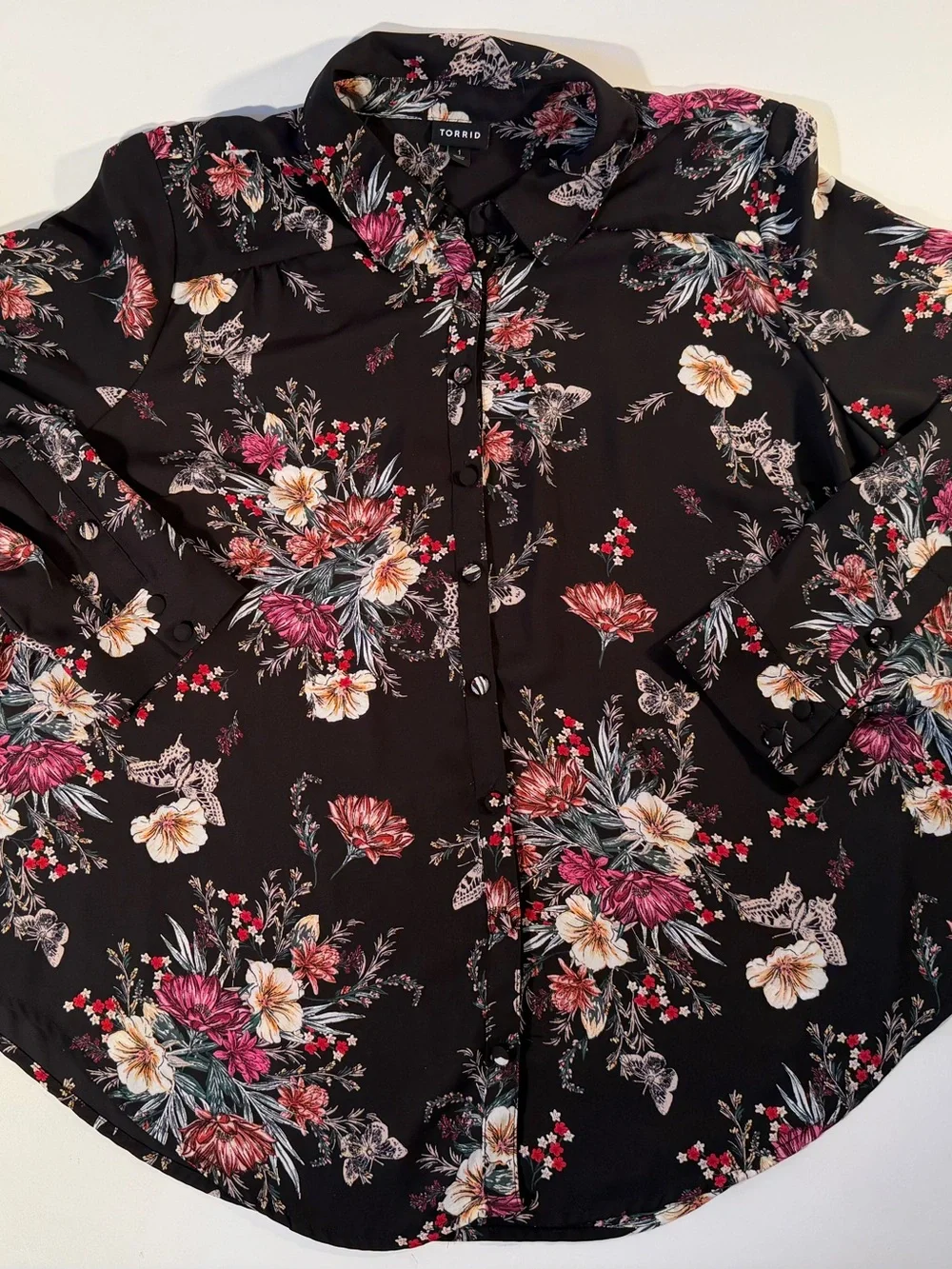 Torrid Women’s 1 14-16 Floral Butterfly Button Down Chiffon Tunic Blouse Shirt - Picture 2 of 11